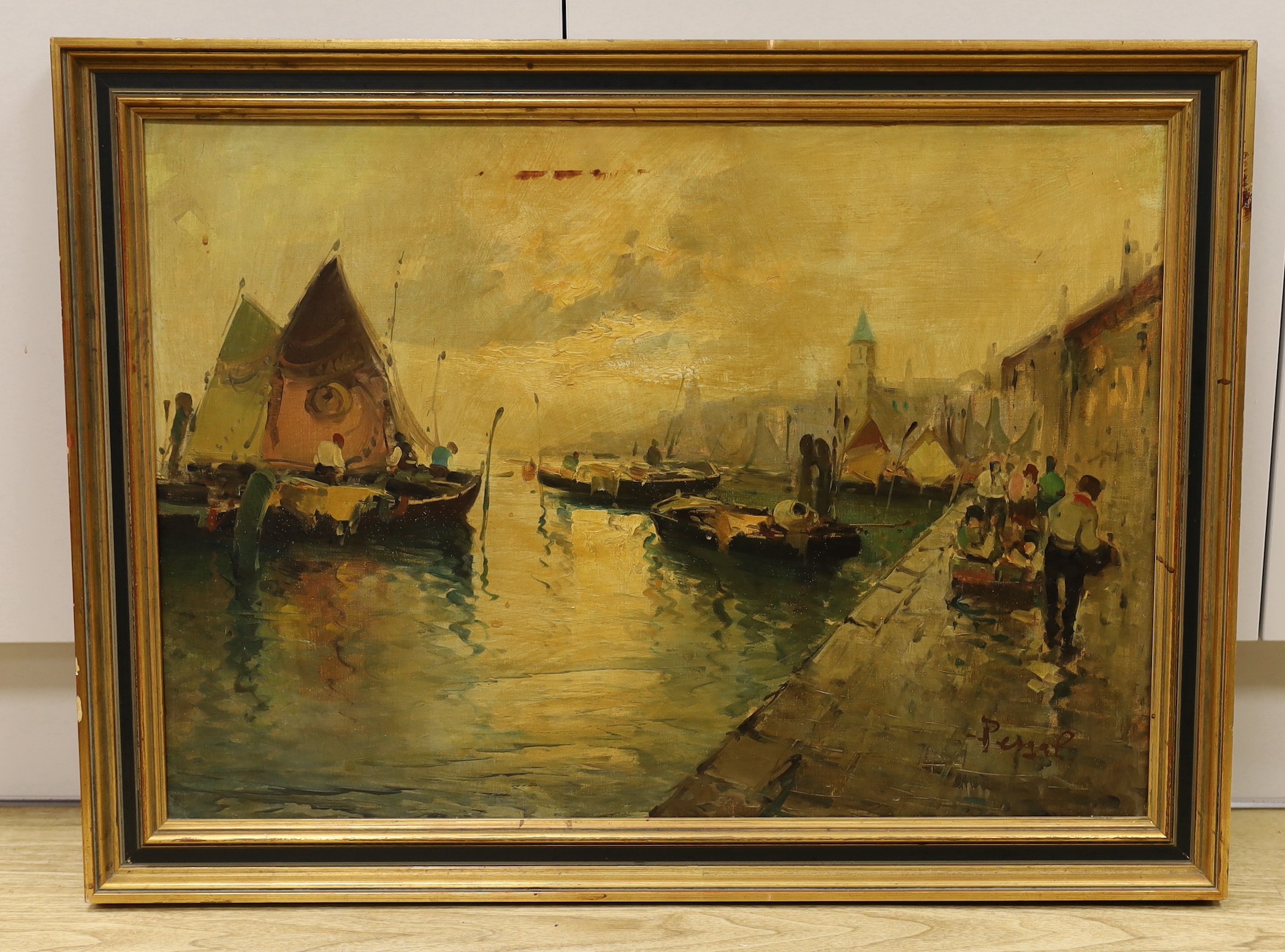 Pergal, oil on canvas, Continental harbour scene, signed, 49 x 69cm